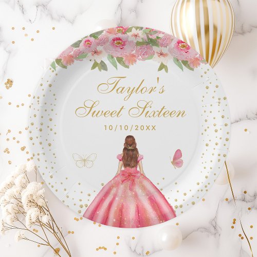 Pink Floral Brown Hair Princess Sweet Sixteen Paper Plates