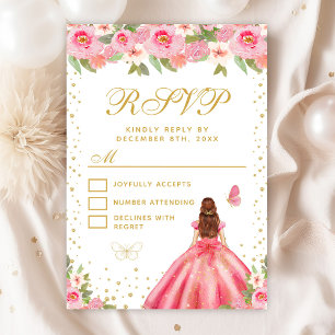 Pink Floral Brown Hair Princess Sweet Sixteen RSVP Card