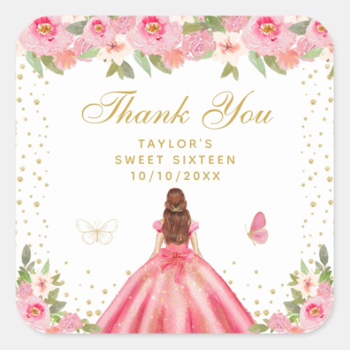 Pink Floral Brown Hair Princess Sweet Sixteen Square Sticker