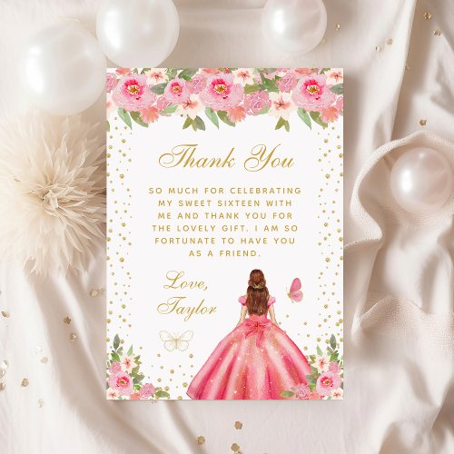 Pink Floral Brown Hair Princess Sweet Sixteen Thank You Card