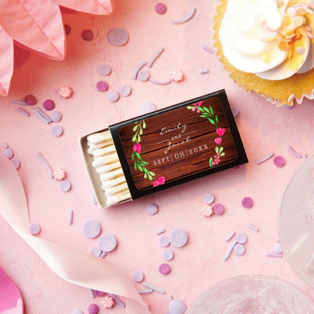 Pink Floral Brown Rustic Wood Country Wedding Matchboxes (Insitu)