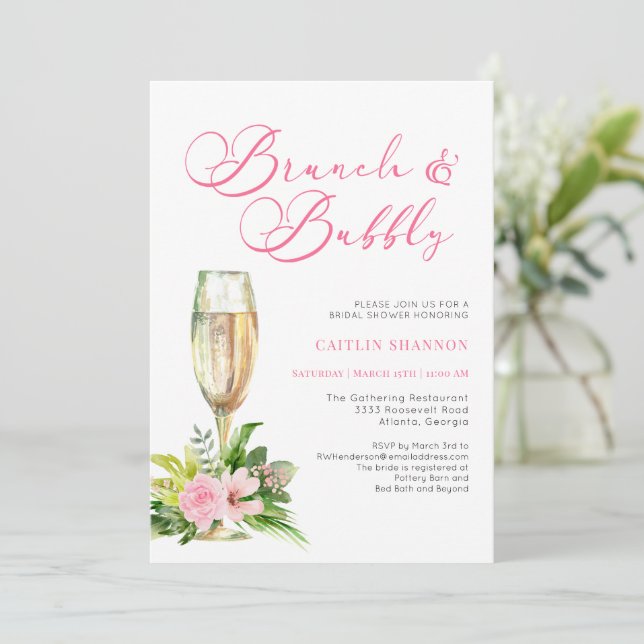 Pink Floral Brunch and Bubbly Bridal Shower Invita Invitation (Standing Front)