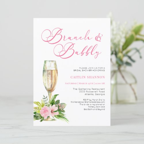 Pink Floral Brunch and Bubbly Bridal Shower Invita Invitation