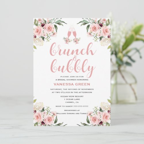 Pink Floral Brunch and Bubbly Bridal Shower  Invitation