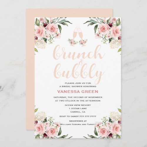 Pink Floral Brunch and Bubbly Bridal Shower  Invitation