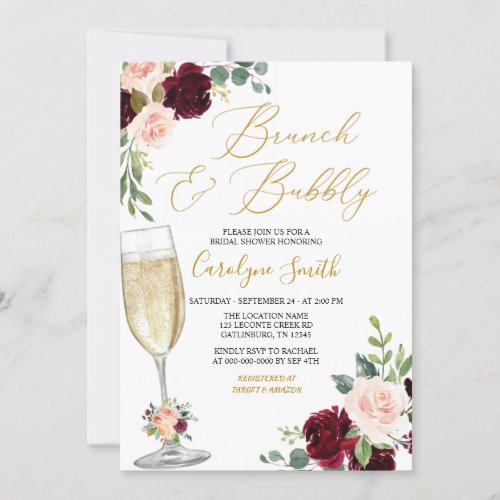 Pink Floral Brunch And Bubbly Bridal Shower Invitation
