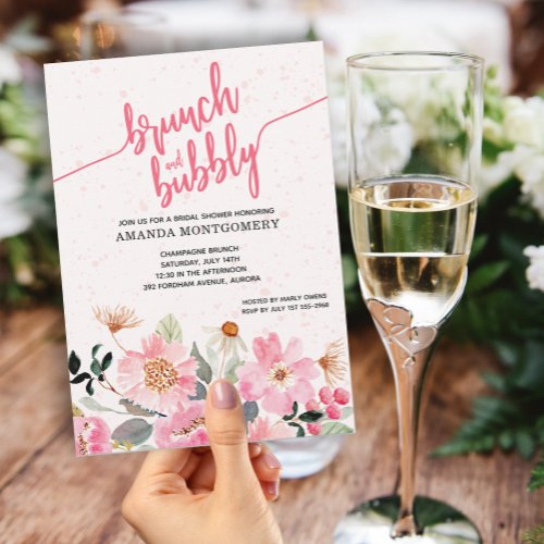 Pink Floral Brunch and Bubbly Bridal Shower Invitation