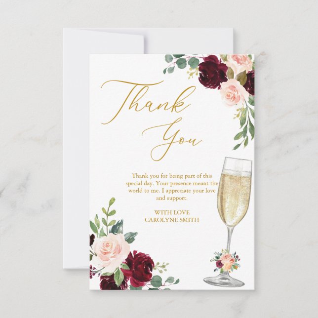 Pink Floral Brunch And Bubbly Bridal Shower Thank You Card (Front)