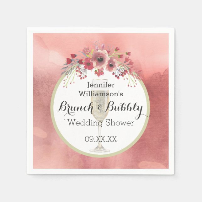 Pink Floral Brunch and Bubbly Wedding Shower Paper Napkins (Front)