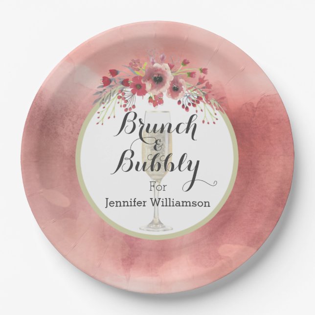 Pink Floral Brunch and Bubbly Wedding Shower Paper Plates (Front)