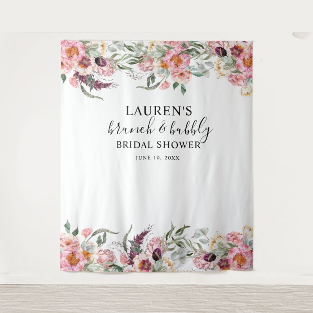 Pink Floral Brunch & Bubbly Bridal  Photo Backdrop (Front)