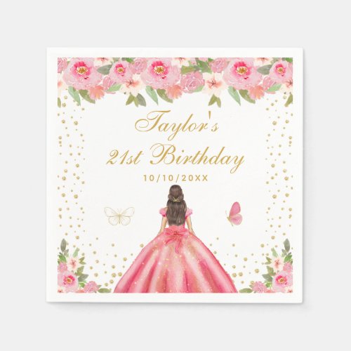 Pink Floral Brunette Hair Girl Birthday Party Napkins