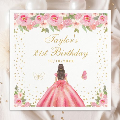 Pink Floral Brunette Hair Girl Birthday Party Napkins