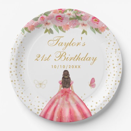 Pink Floral Brunette Hair Girl Birthday Party Paper Plates