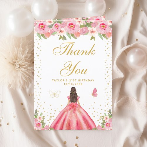 Pink Floral Brunette Hair Girl Birthday Party Thank You Card
