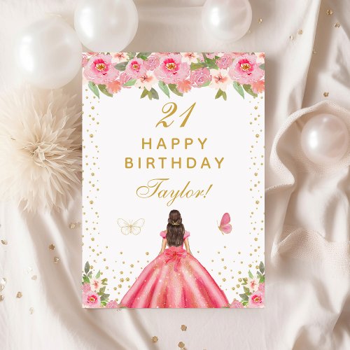 Pink Floral Brunette Hair Girl Happy Birthday Card