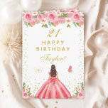 Pink Floral Brunette Hair Girl Happy Birthday Card<br><div class="desc">This elegant and glamorous birthday card can be personalized with a name or title such as daughter, granddaughter, niece, friend etc. The design features a beautiful princess with brunette hair and fair skin in a pink ball gown. The text combines handwritten script and modern sans serif fonts for a classy...</div>