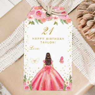 Pink Floral Brunette Hair Girl Happy Birthday Gift Tags