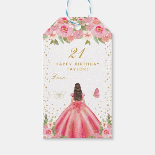 Pink Floral Brunette Hair Girl Happy Birthday Gift Tags