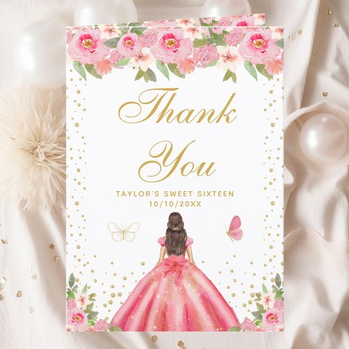 Pink Floral Brunette Hair Girl Sweet Sixteen Thank You Card