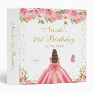 Pink Floral Brunette Hair Princess Birthday Party 3 Ring Binder