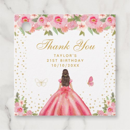 Pink Floral Brunette Hair Princess Birthday Party Favor Tags