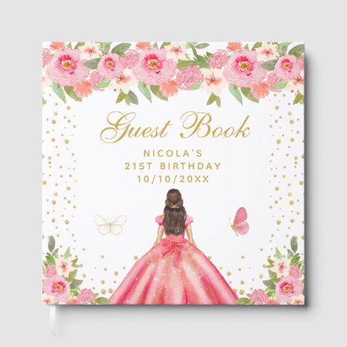 Pink Floral Brunette Hair Princess Birthday Party Guest Book