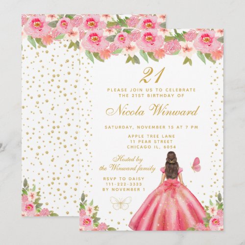 Pink Floral Brunette Hair Princess Birthday Party
