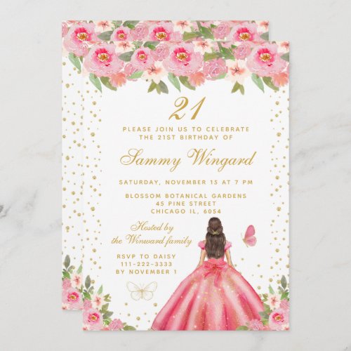 Pink Floral Brunette Hair Princess Birthday Party Invitation