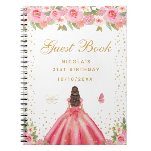 Pink Floral Brunette Hair Princess Birthday Party Notebook