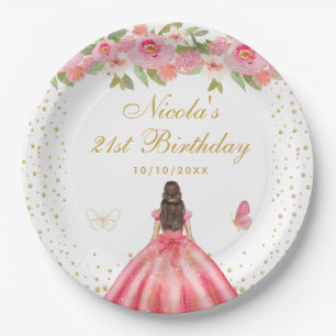Pink Floral Brunette Hair Princess Birthday Party Paper Plates