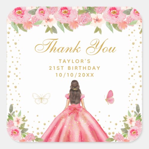 Pink Floral Brunette Hair Princess Birthday Party Square Sticker