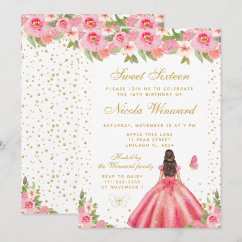 Pink Floral Brunette Hair Princess Sweet Sixteen