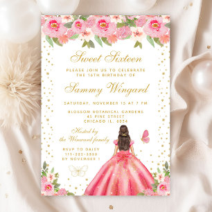 Pink Floral Brunette Hair Princess Sweet Sixteen Invitation