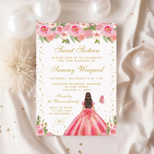 Pink Floral Brunette Hair Princess Sweet Sixteen Invitation