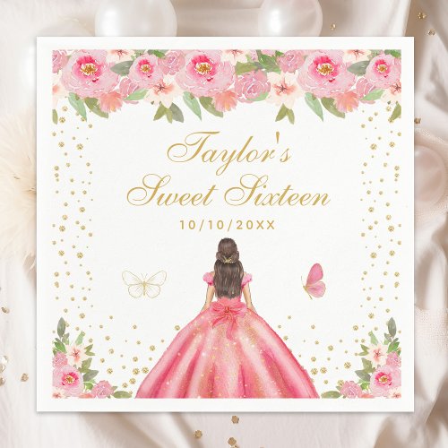 Pink Floral Brunette Hair Princess Sweet Sixteen Napkins