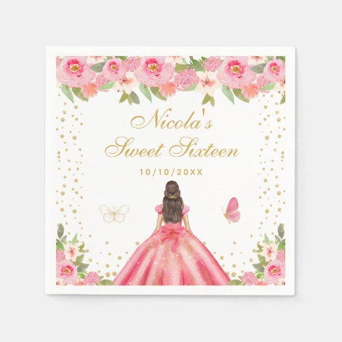 Pink Floral Brunette Hair Princess Sweet Sixteen Napkins