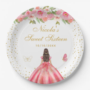 Pink Floral Brunette Hair Princess Sweet Sixteen Paper Plates