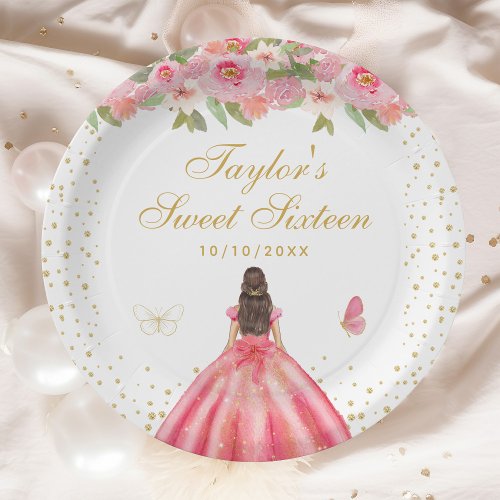 Pink Floral Brunette Hair Princess Sweet Sixteen Paper Plates