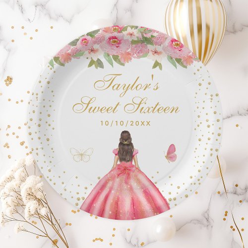 Pink Floral Brunette Hair Princess Sweet Sixteen Paper Plates