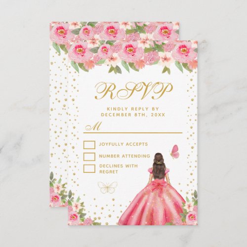 Pink Floral Brunette Hair Princess Sweet Sixteen RSVP Card