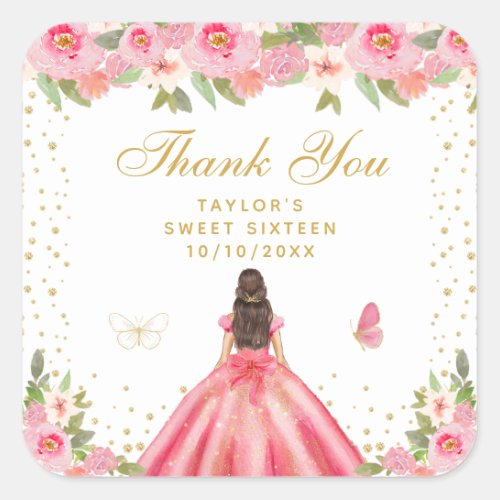 Pink Floral Brunette Hair Princess Sweet Sixteen Square Sticker