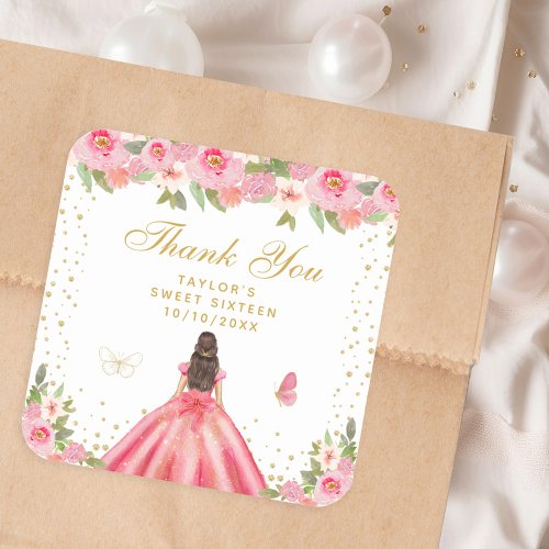 Pink Floral Brunette Hair Princess Sweet Sixteen Square Sticker