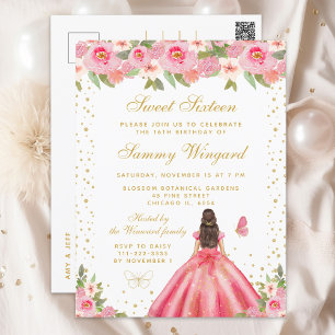 Pink Floral Brunette Princess Hair Sweet Sixteen Postcard