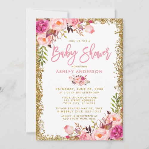 Pink Floral Brush Script Gold Glitter Baby Shower Invitation