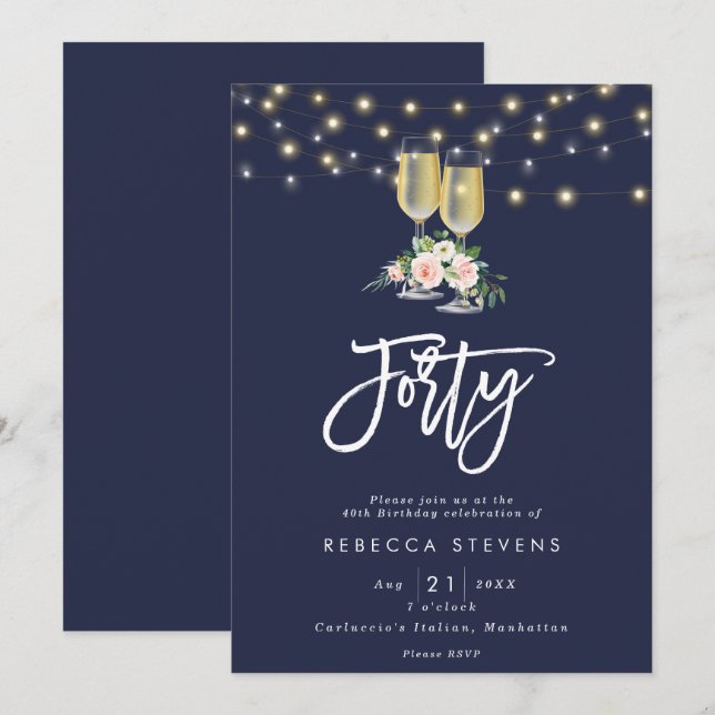 pink floral bubbly navy lights 40th birthday invitation (Front/Back)