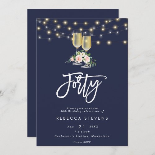 pink floral bubbly navy lights 40th birthday invitation