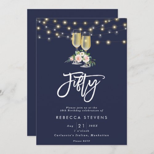 pink floral bubbly navy lights 50th birthday invitation