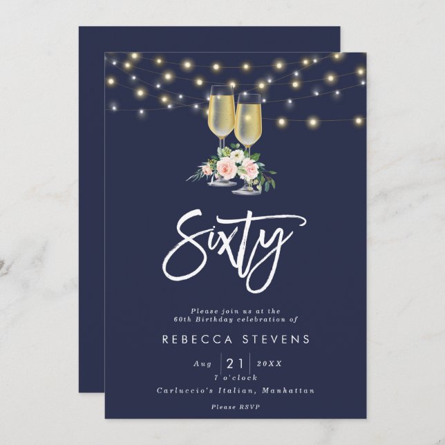 pink floral bubbly navy lights 60th birthday invitation (Front/Back)
