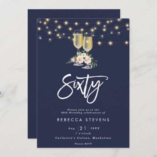 pink floral bubbly navy lights 60th birthday invitation